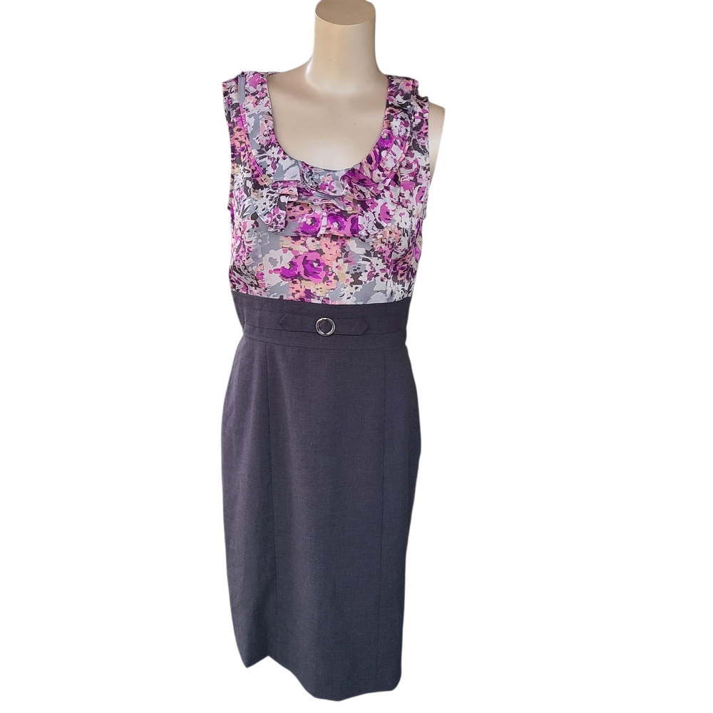 Tahari Arthur S. Levine Floral Ruffle Sheath Dress Size 6 Charcoal Grey Purple